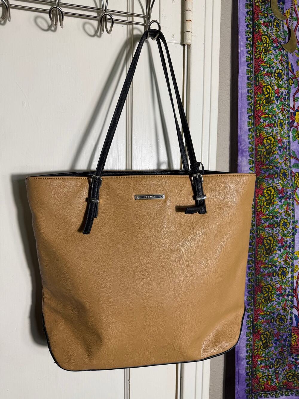 Nine West Large Tan Black Faux Leather Tote Bag Shoulder Purse Work Laptop